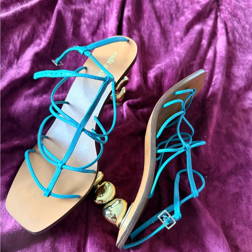 Cult Gaia Turquoise Strappy Heels with Gold Accents